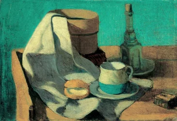 Stillleben mit Sieb, Brötchen und Becher